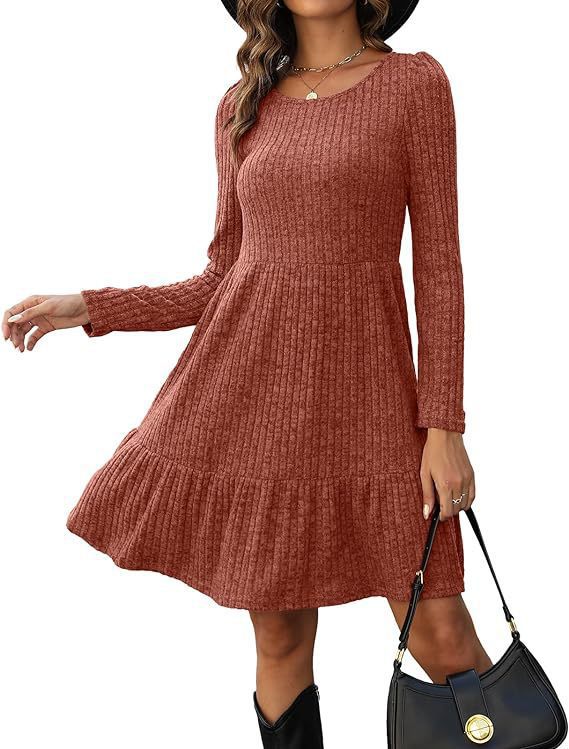 2023Autumn and Winter TEMU Amazon European and American Women's Fashion Cross-Border New Striped Round Neck Knitted Sweater Dress for Women