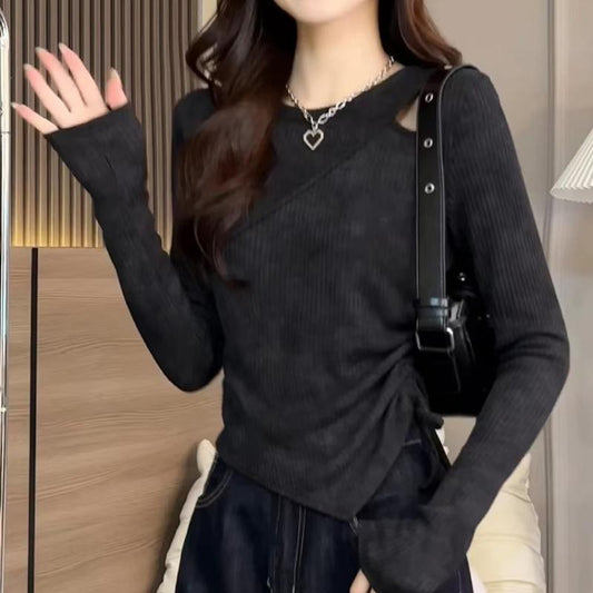 Plus Size Fat mm Autumn Base Shirt Korean Style Round Neck Hollow Design Tie-Dye Waist Drawstring Slimming Long Sleeve Top for Women