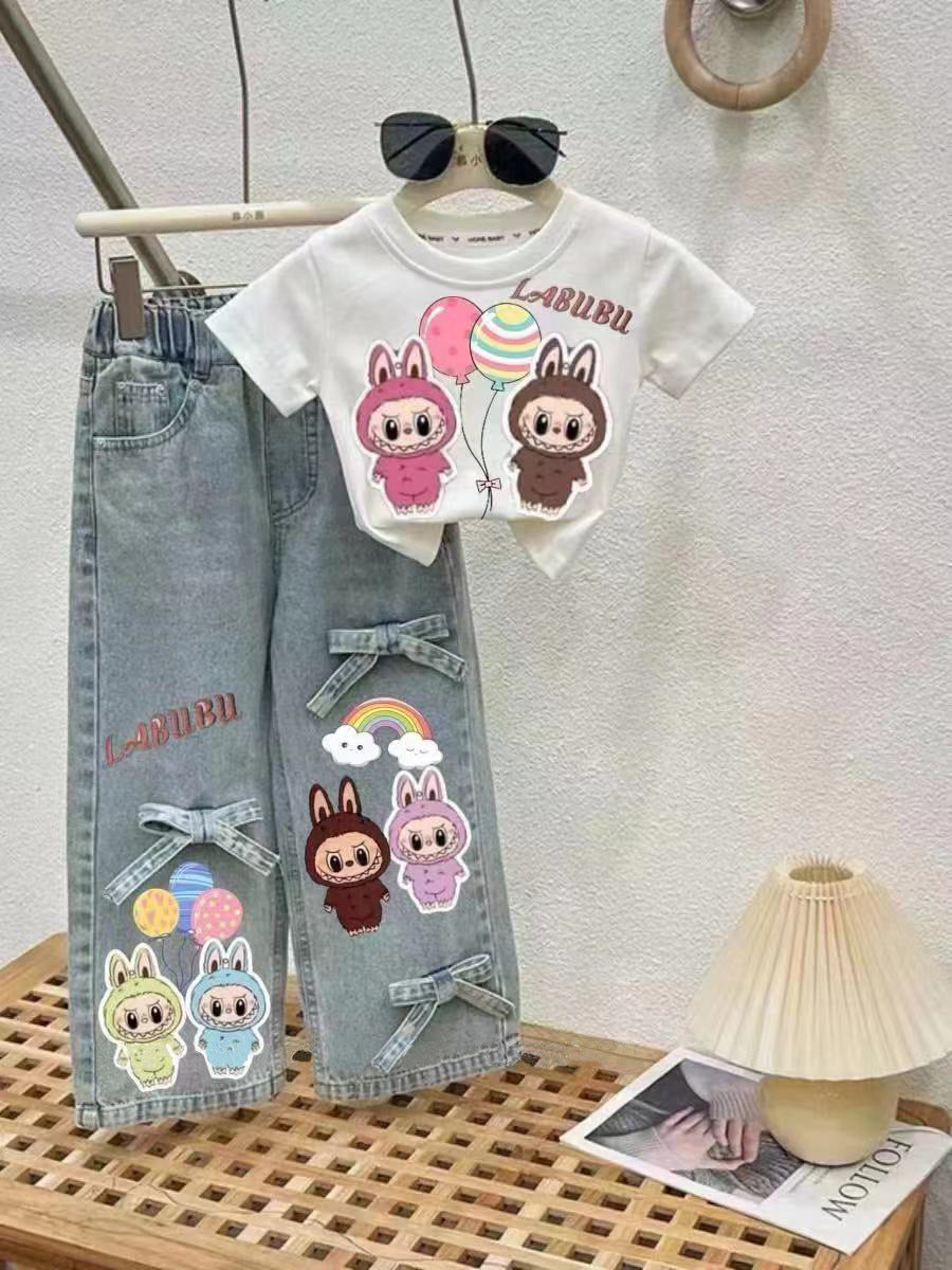 Girls' Bowknot Jeans2025New Style Children's Fashionable Wide-Leg Pants for Older Kids, Long Straight-Leg Pants