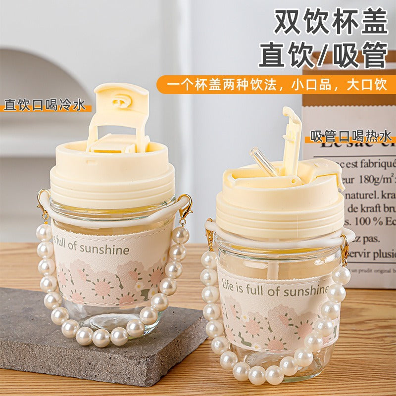 Glass Cup Straw Water Cup High Temperature Resistant Pearl Bracelet Double Drinking Cup Cup Souvenir Creative High Appearance Universal