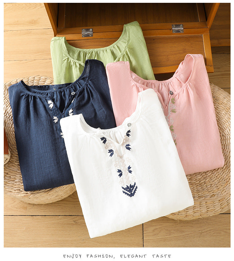 2025Summer New Vacation Ethnic Style Ramie Embroidered Round Neck Shirt for Women Loose Sun Protection Versatile Air Conditioning Shirt