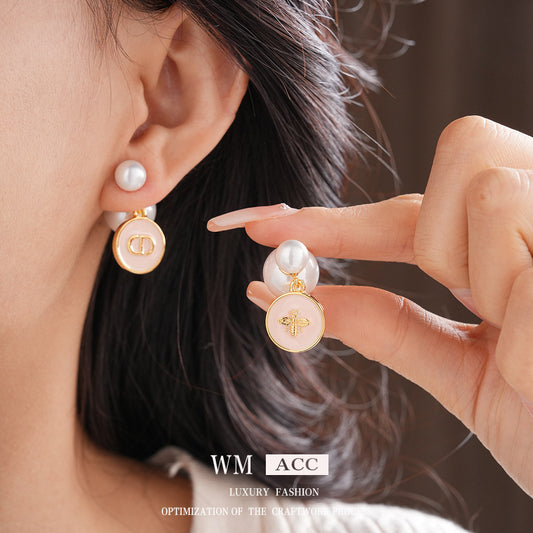 Real Gold Plated Silver Needle Oil Drop Pearl Earrings Versatile High-End Two-Way Wear Earrings French Retro Light Luxury Ear Jewelry