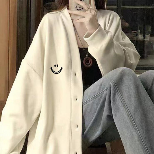 Cardigan Sweatshirt Jacket Women Baseball Jacket Loose Versatile Embroidery V Lazy Style Couple's Collared Top