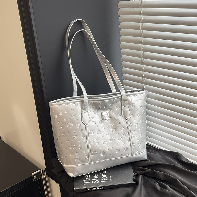 European and American Trendy Simple Large Capacity Tote Bag2025New high-value casual cute embossed single-shoulder handbag