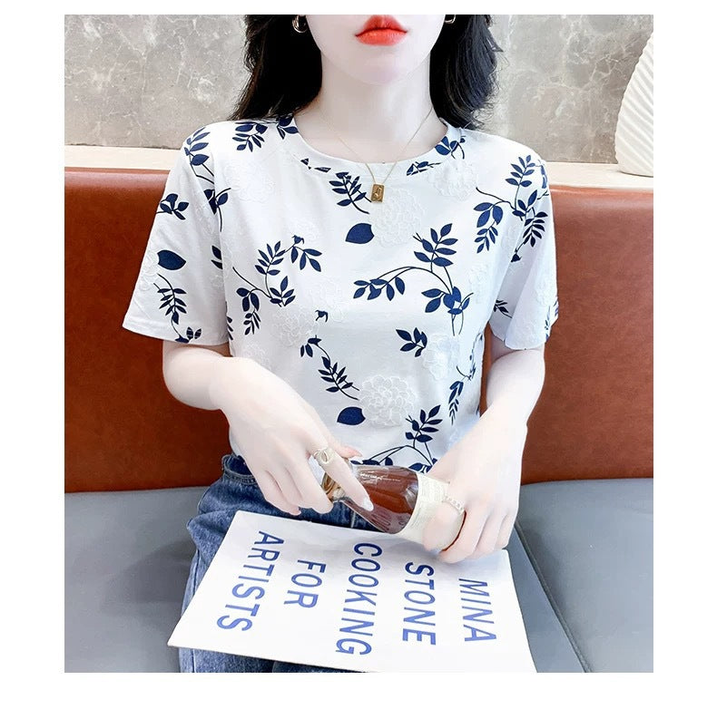 Cross-border new product milk silk round neck short-sleeved women's clothing T Floral Print Foam Base Shirt Loose Fit Women's Top