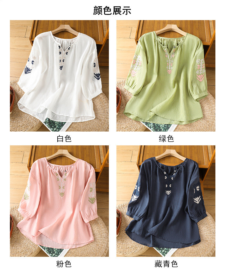 2025Summer New Vacation Ethnic Style Ramie Embroidered Round Neck Shirt for Women Loose Sun Protection Versatile Air Conditioning Shirt