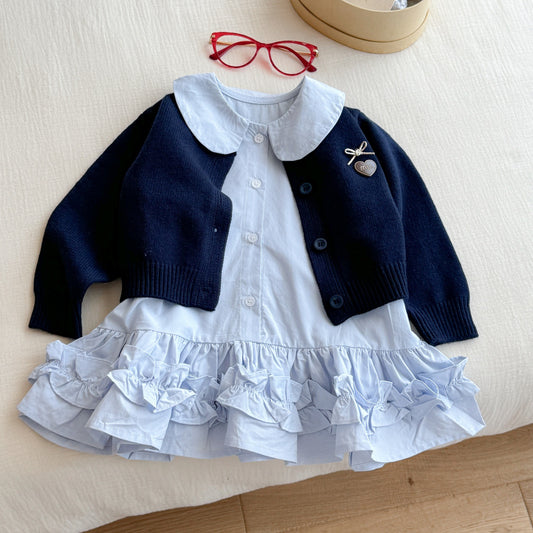 Sweet Little Girl Autumn Outfit Set New Autumn Navy Knitted Sweater Baby Shirt Skirt Fashion Two-Piece Set