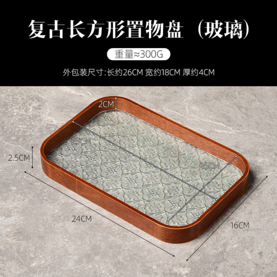Begonia Embossed Glass Tray Walnut Color Rectangular Tea Tray Storage Ornaments Tea Water Cup Fruit Snack Plate