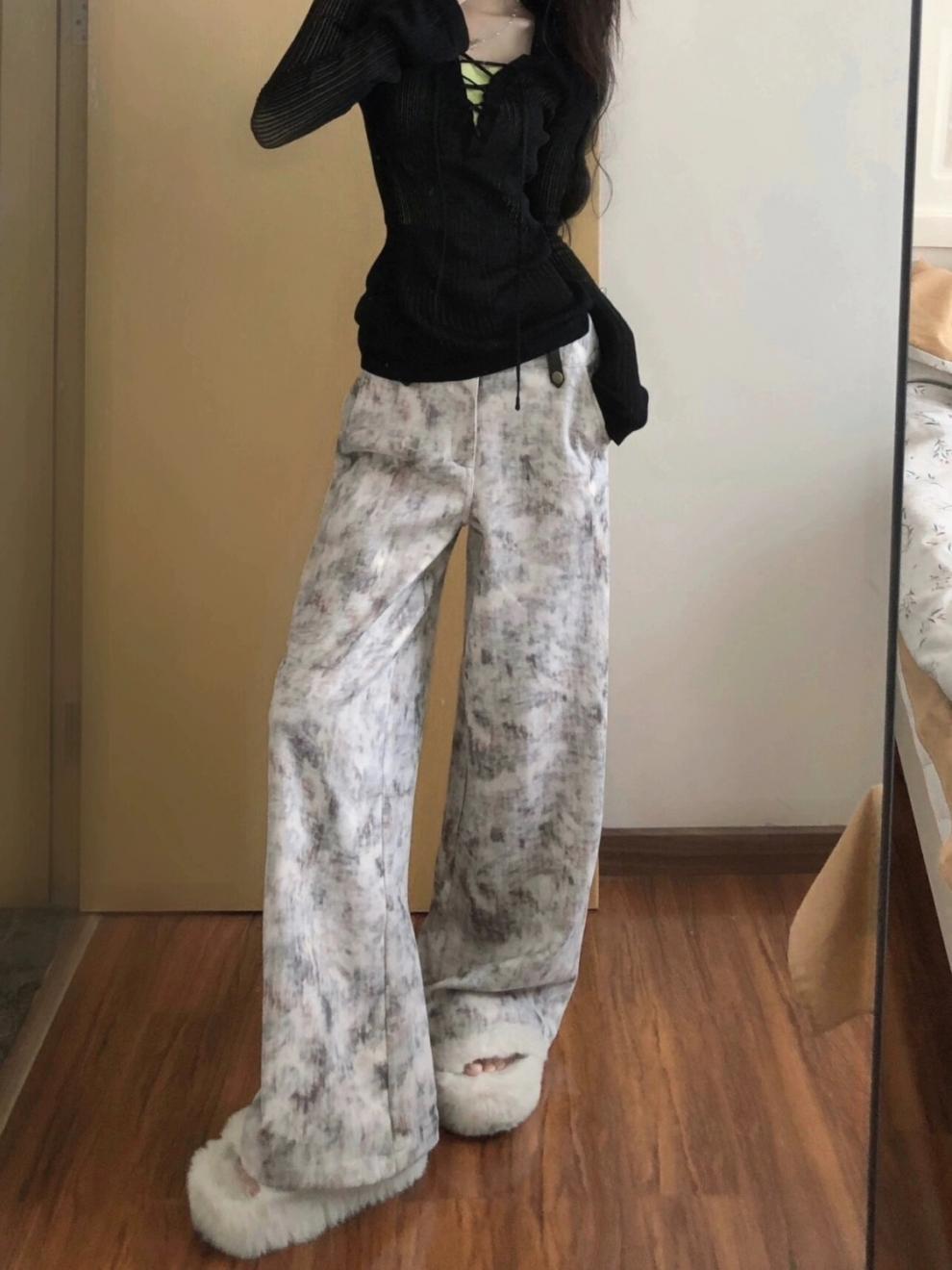 American Retro Tie-Dye Print Casual Wide-Leg Jeans for Women Loose High-Waist Draped Floor-Length Pants Summer Hot Sale
