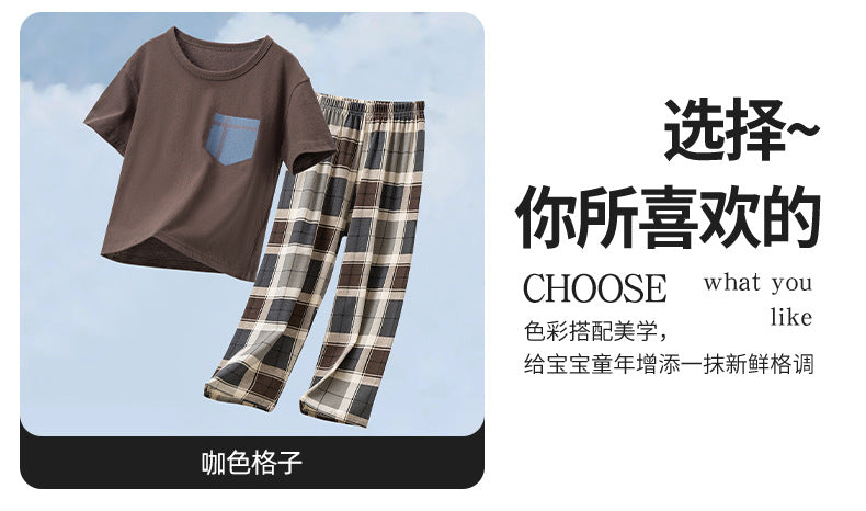 Parent-Child Cotton Homewear Summer Style Children's Short Sleeve Long Pants Set Cartoon Air Conditioning Clothing Sweat-Absorbing Printed Pajamas Couple Outfit