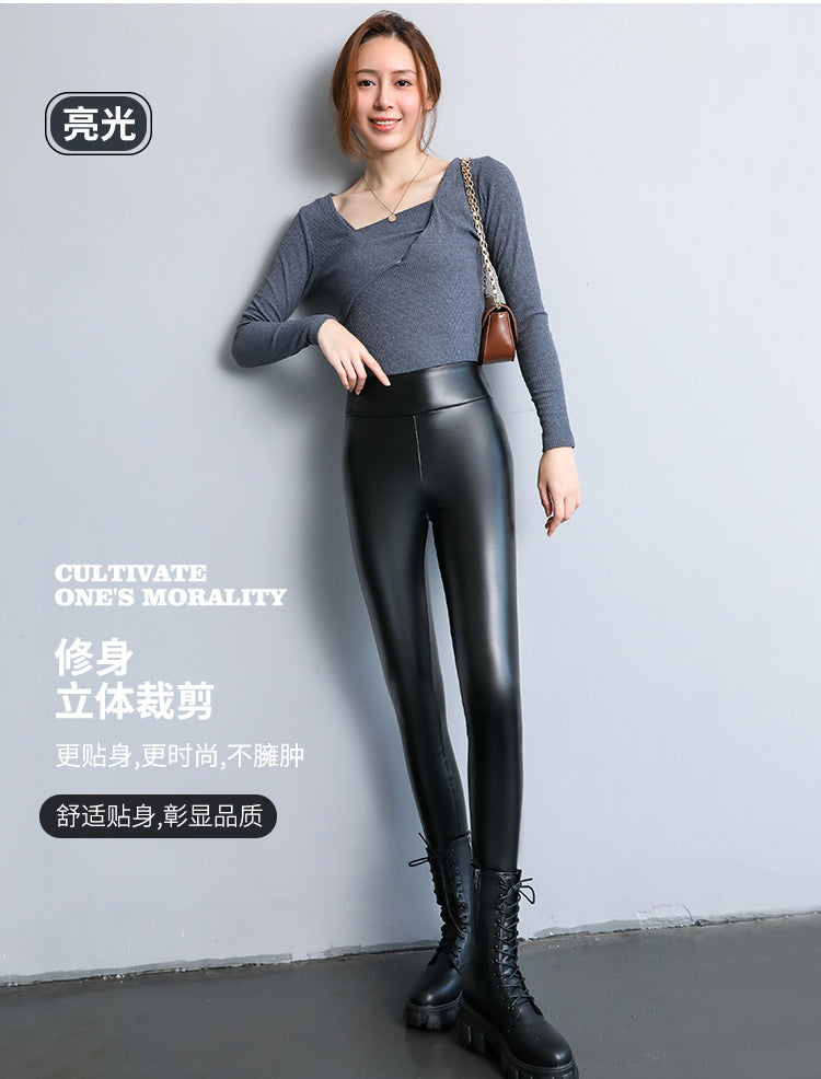 PU Women's Leather Pants Autumn Winter Long Pants Base Pants Fleece Lined Thickened High Waist Slimming Windproof Waterproof Outdoor Wear Wholesale