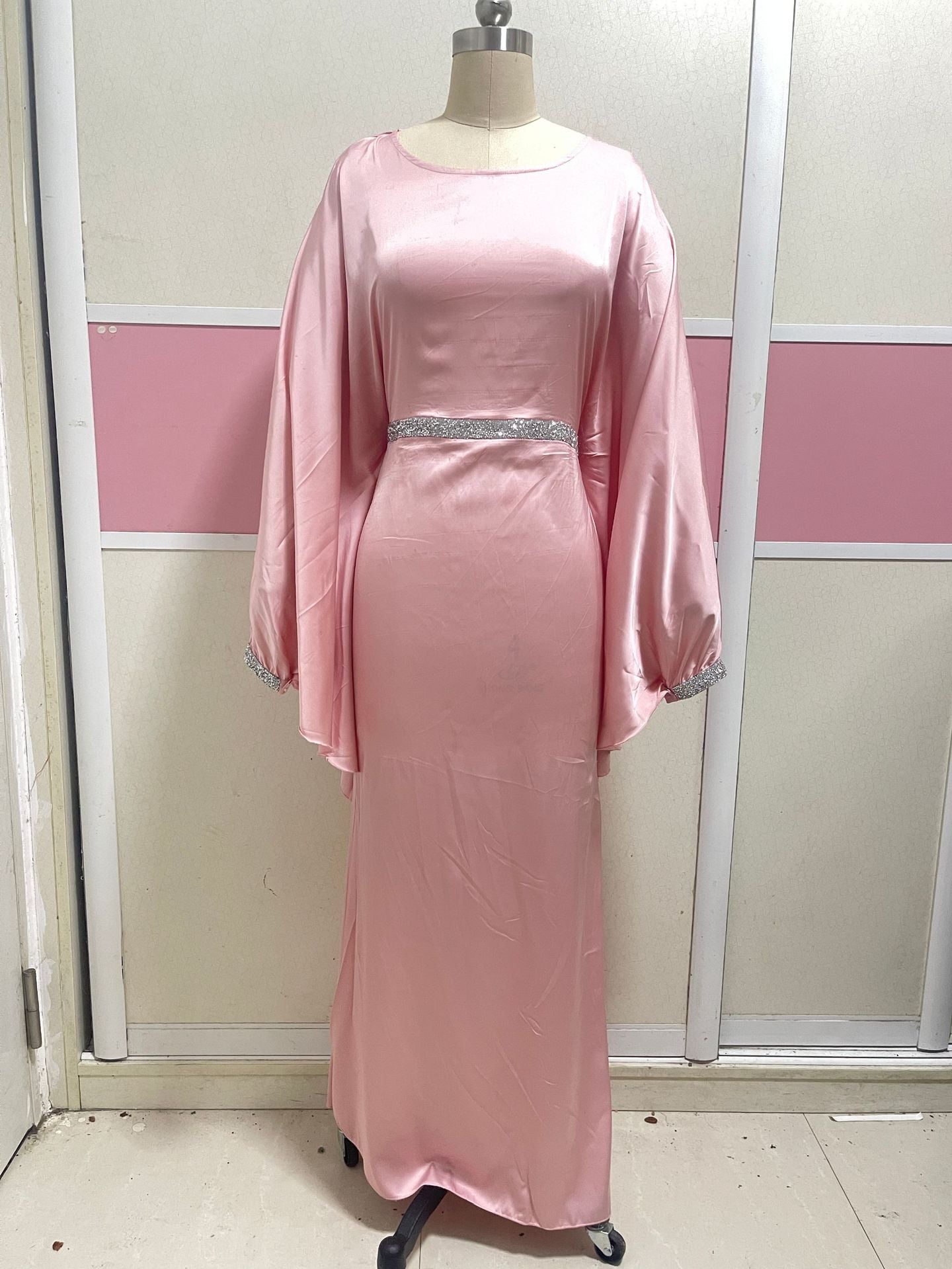 2025New AliExpress Amazon Dubai Spring Summer Solid Color Beaded Crystal Chain Satin Fashion Dress for Women