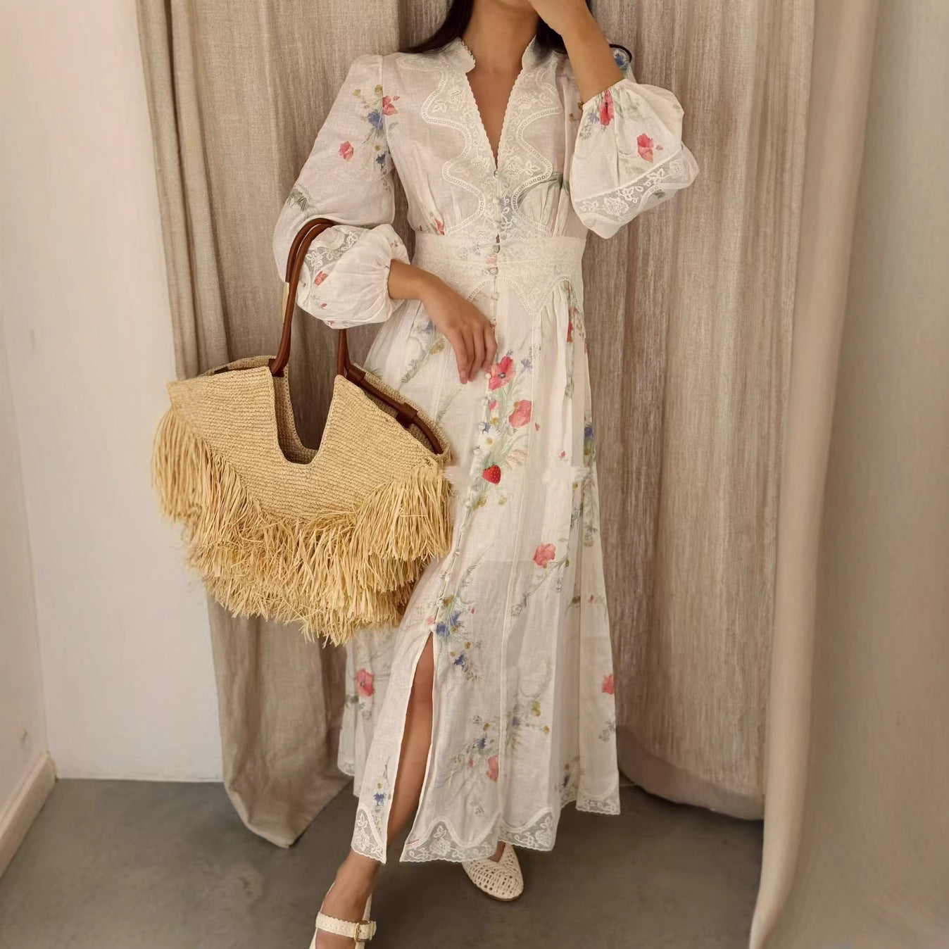 2025Spring and Summer European and American Cross-Border Palace Retro Style V Collared Waist Lantern Sleeve Printed Long Dress for Women