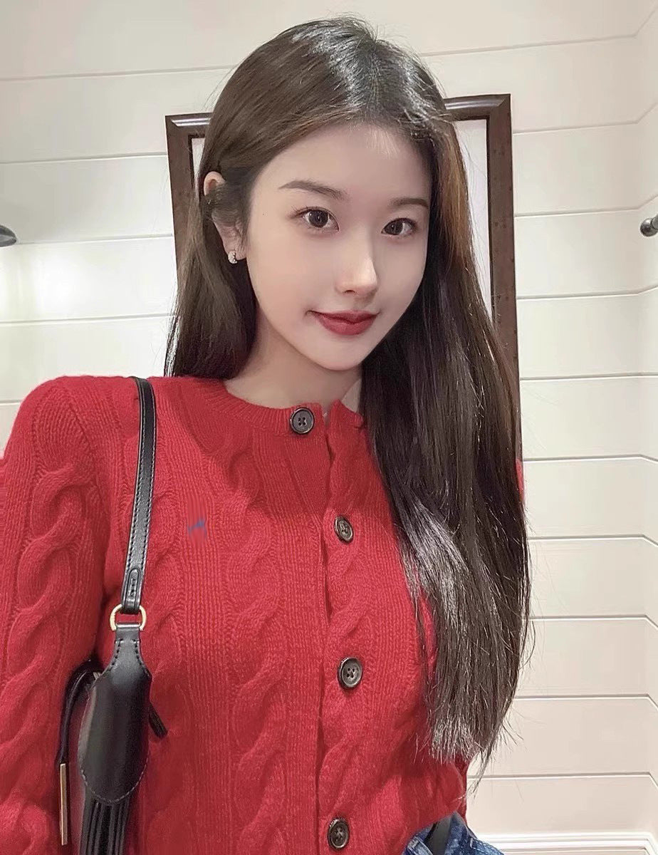 Counter Same Style Pony Embroidery Wool Cable Vintage Knitted Cardigan Women Autumn Winter Sweater Round Neck Thick Coat Top