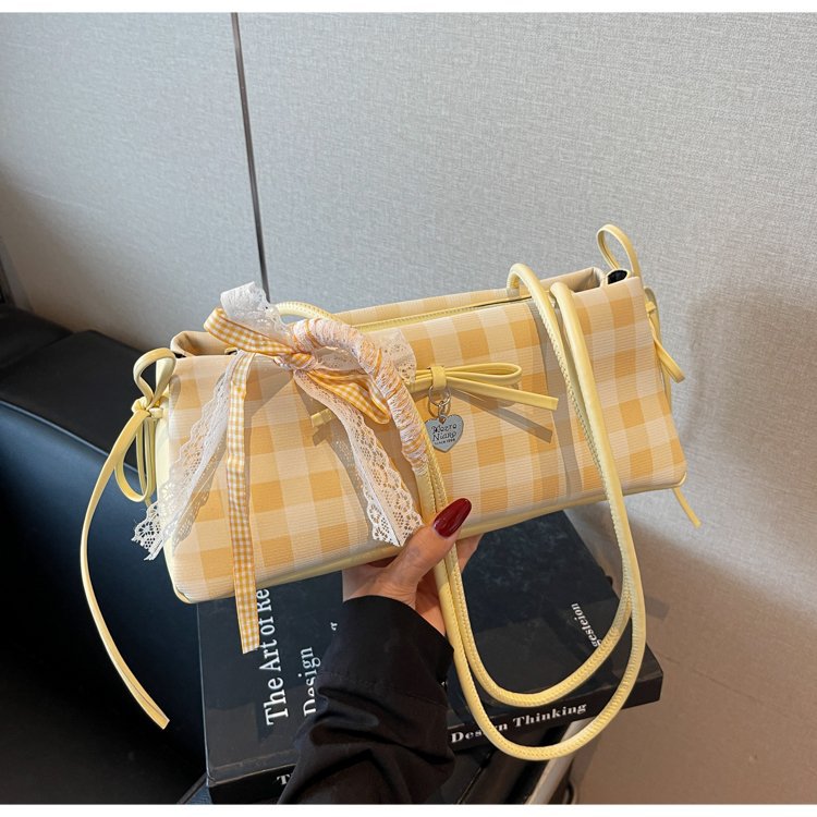 Dopamine Plaid Handbag Small Tote Bag for Women Summer2025New Ballet Style Bow Baguette Bag Underarm Bag Trendy