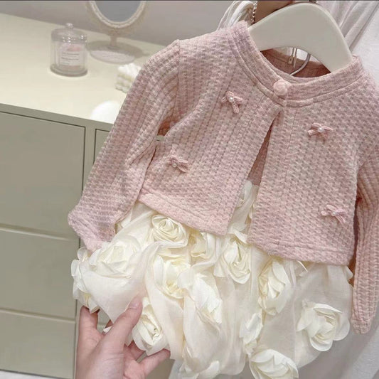 Adorable Outfit#Girls' Flower Bud Dress Autumn New Baby Girl Princess Dress Two-Piece Set Fashionable Trendy