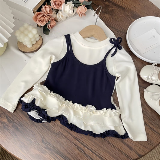 Sweet Little Girl Autumn Outfit Set Autumn Children's Lace Fake Two-Piece t T-shirt Top Polka Dot Pants Baby Set