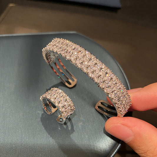 White gold Full Diamond Wide Band Row Diamond Bracelet Ring Narrow Band Simple Fashion Versatile Evening Party party Bracelet