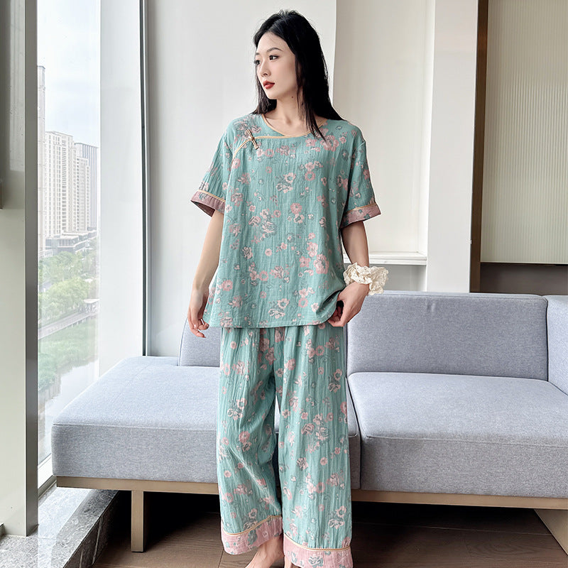 New Chinese Style Retro National Style Cotton Gauze Pajamas Plus Size for Women mm Summer Thin Loose Fit200Pure Cotton Homewear