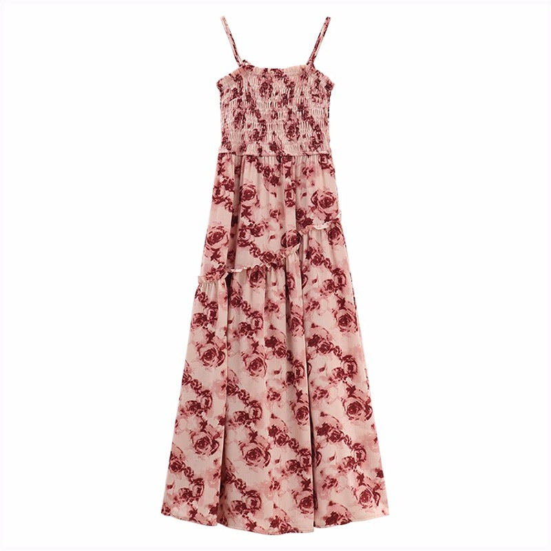 French Hepburn Style Plus Size Strap Dress Women's Summer Design Sense Elegant Waist-Cinching Black Floral Mid-Length Dress