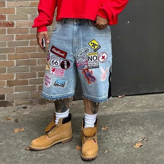 Cross-Border European and American Trendy Brand Printed Denim Shorts Men High Street Design Sense Straight Five-Point Pants Loose Versatile Mid-Length Pants Trendy