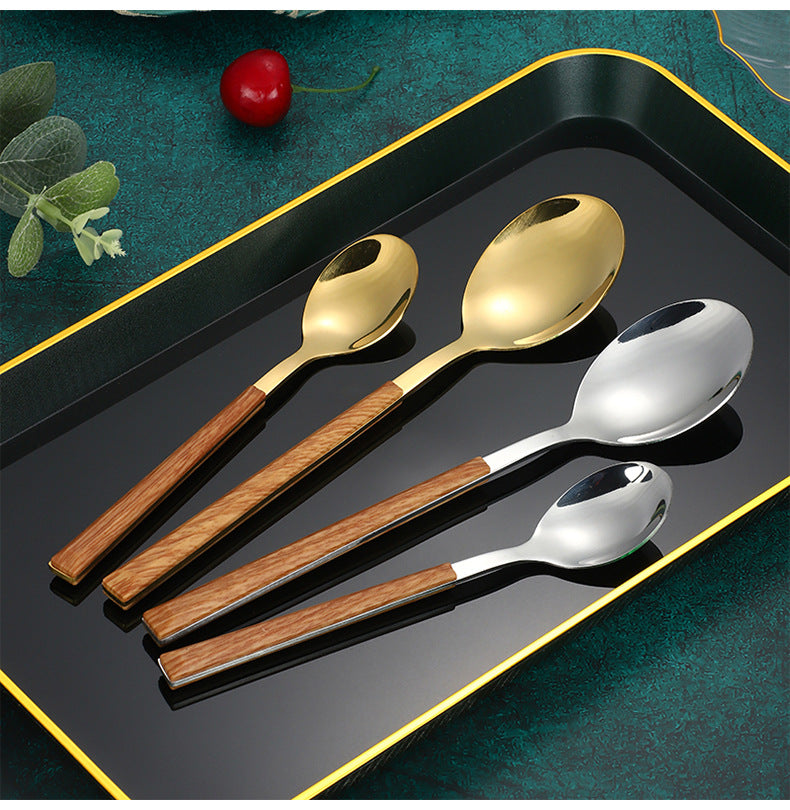 Stainless Steel Clip Handle Tableware Japanese and Korean ins Imitation Wood Grain Handle Steak Knife Fork Spoon Set Wooden Handle Dessert Spoon