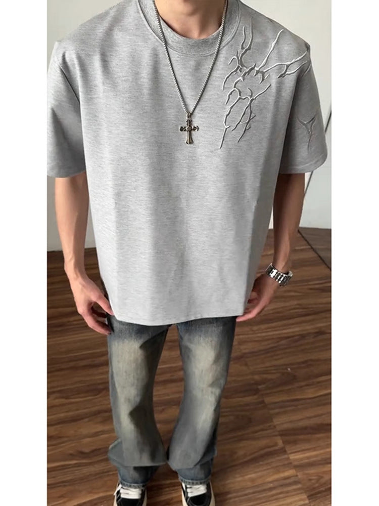 Lightning Embroidered Short Sleeve t Men's Summer New Loose American Retro High Street Round Neck Half Sleeve T-Shirt