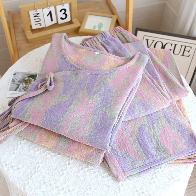 Yarn-Dyed Women's Thin Cotton Jacquard Feather Retro Chinese Style Spring Summer Homewear Loose Pajama Set Dropshipping