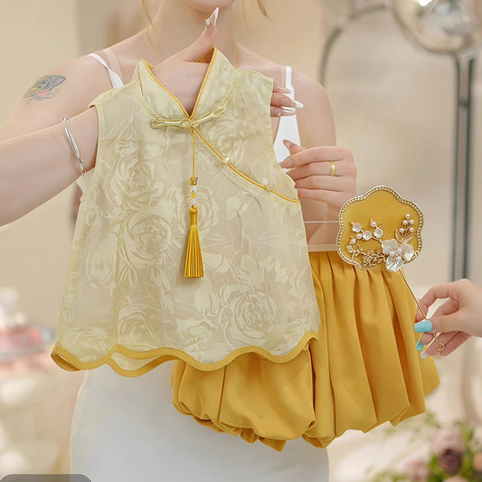 Sweet Little Girl Chinese Style Outfit2025Summer New Style Baby Girl New Chinese Style Summer Outfit Children's Hanfu Two-Piece Set