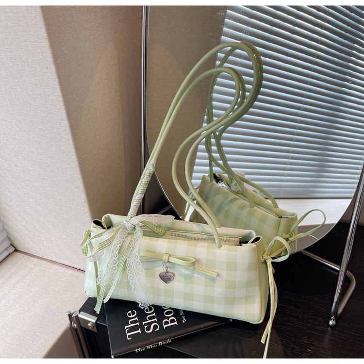Dopamine Plaid Handbag Small Tote Bag for Women Summer2025New Ballet Style Bow Baguette Bag Underarm Bag Trendy
