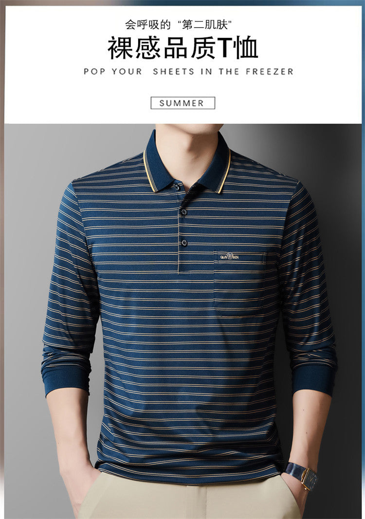 Autumn Men's Long Sleeve Cotton t Shirt for Middle-aged Dad Autumn Outfit with Turn-down Collar and Stripes POLO Base Layer Shirt T Grandpa's clothes