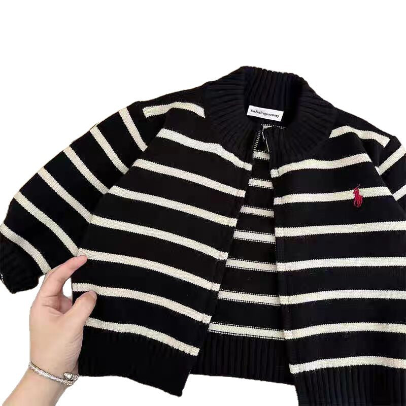 Children's Sweater2025Spring and Autumn Boys' Stand Collar Zipper Knitted Cardigan Baby Toddler Autumn Striped Jacket Children's Clothing