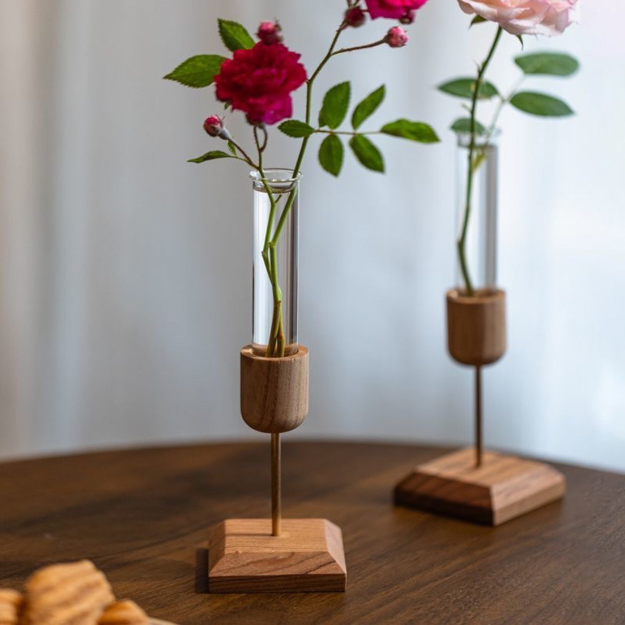 Creative Home Desktop Ornament Wooden Vase Test Tube Transparent Glass Hydroponic Plant Flower Arranger Simple Country Style