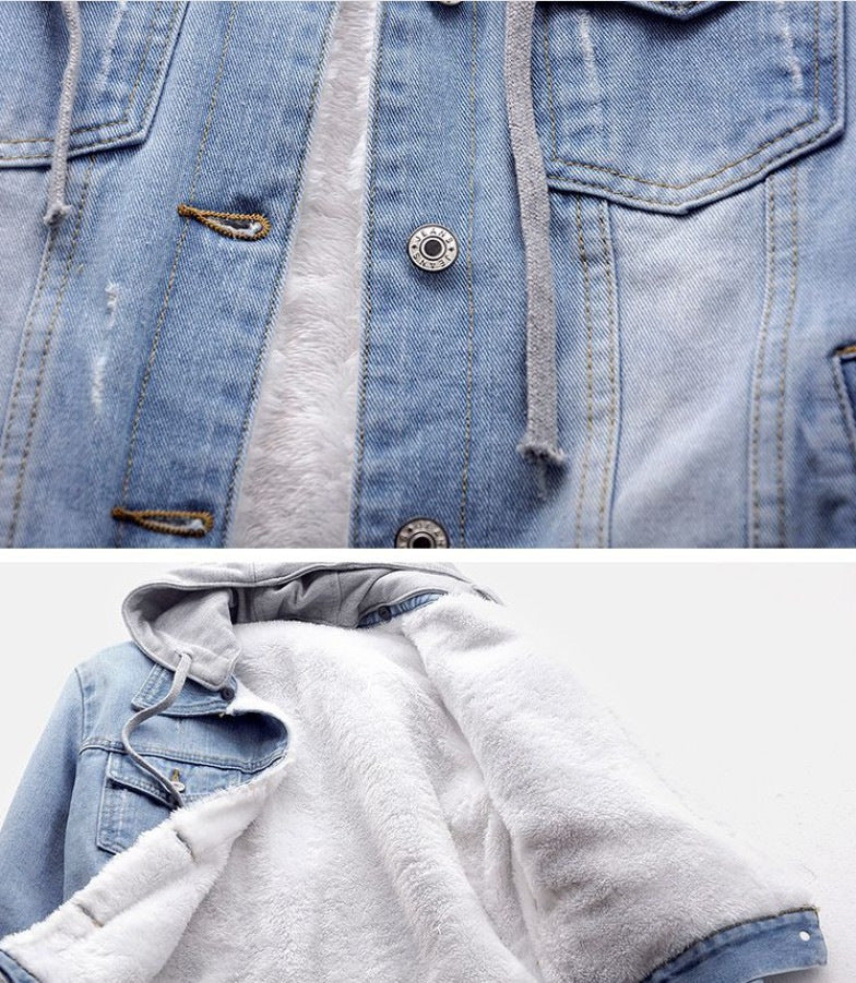 In-stock Short Cotton Jacket2025Winter Fleece-Lined New Cotton Jacket Loose Korean Style Denim Fur Collar Thickened Coat for Women