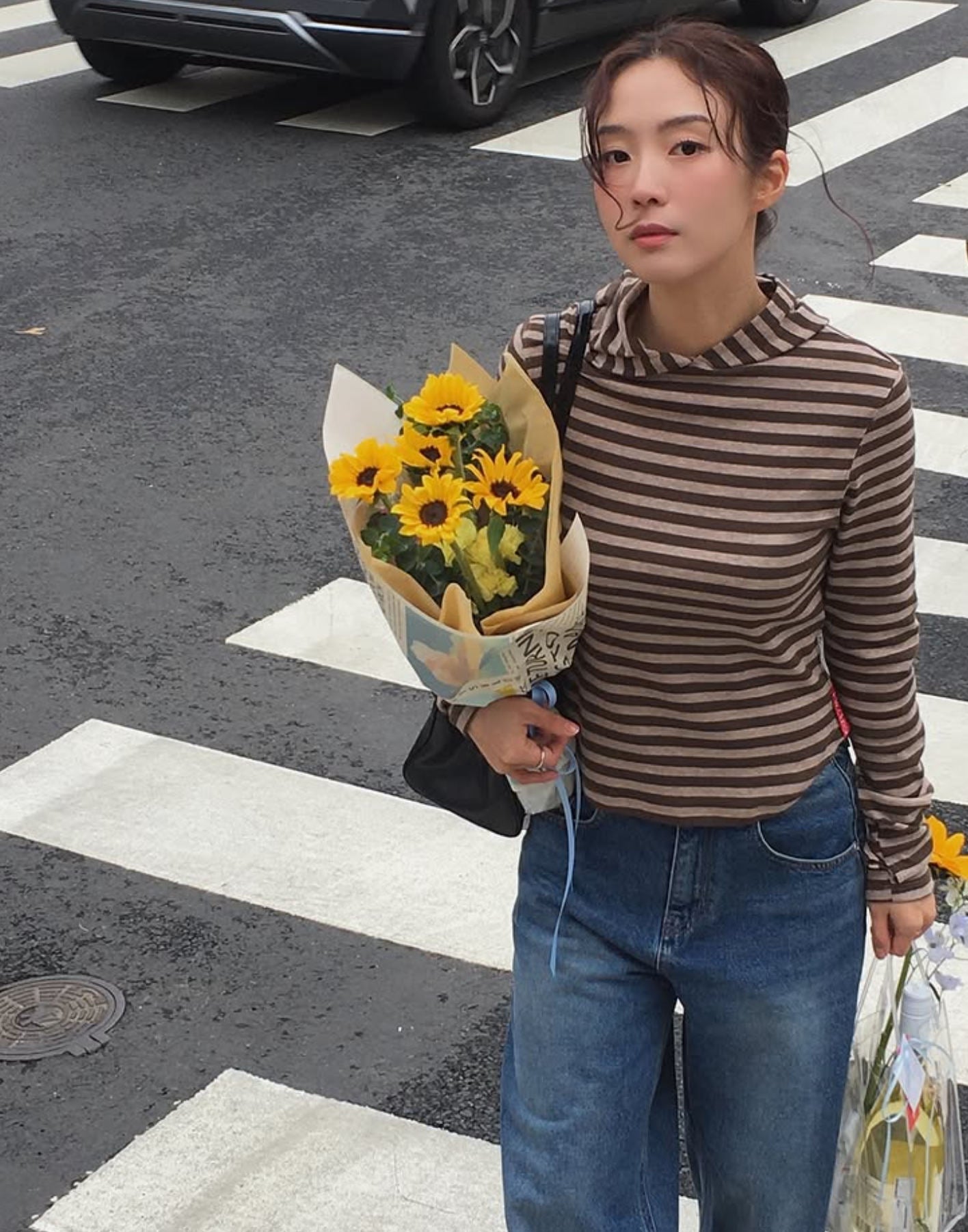 Pre-Sale】2025New Autumn Korean Dongdaemun Tian Xiwei Same Style Striped Hooded Sweatshirt TS16771