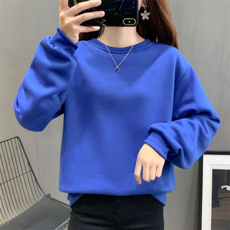 Plain Solid Color Round Neck Student Sweatshirt Fleece Lined Thick Loose Long Sleeve Top Blank Version Jacket Unisex Couple Outfit