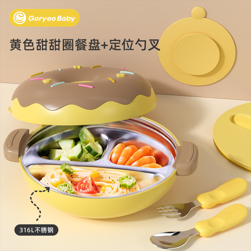 goryeobaby Children's Stainless Steel Plate Baby Suction Bowl Water-Insulated Bowl Baby Divided Plate Baby Food Utensils
