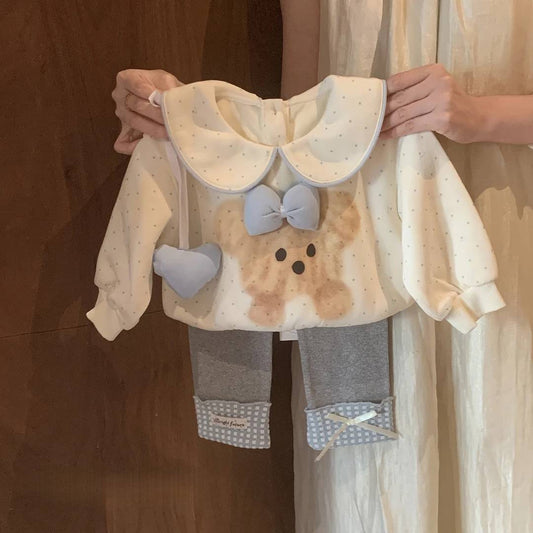Sweet Little Girl Outfit Set for Spring and Autumn, New Fashionable Bear Doll Collar Sweatshirt with Plaid Patchwork Base for Baby Girls
