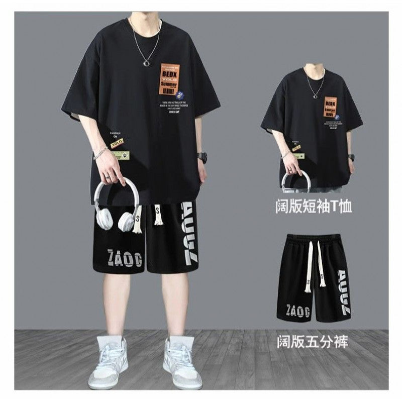 Summer Teenage Suit Boys Short Sleeve T T-shirt Short Sleeve New Style High School Student Trendy Casual Sports Two Pieces