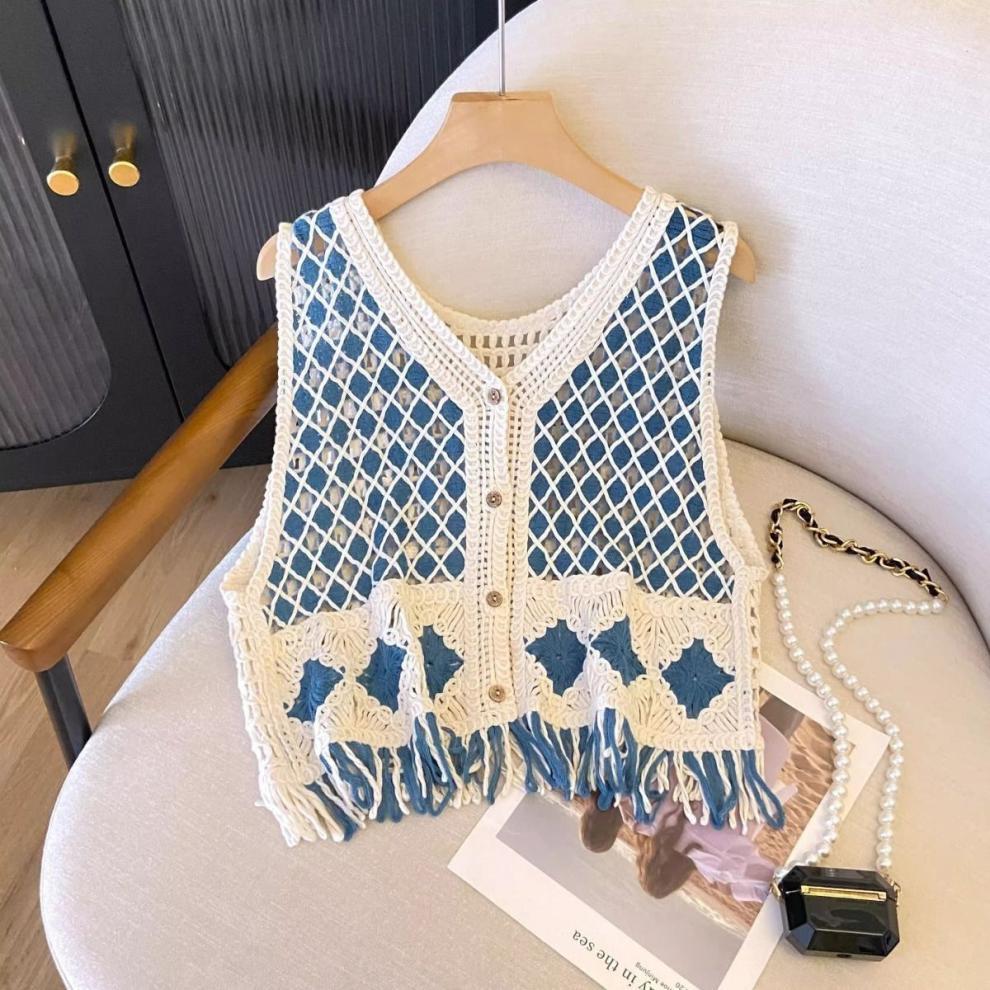 Ethnic Style Diamond Pattern Tassel Knitted Vest Women Xinjiang Grassland Beach Vacation Hollow Out Cardigan