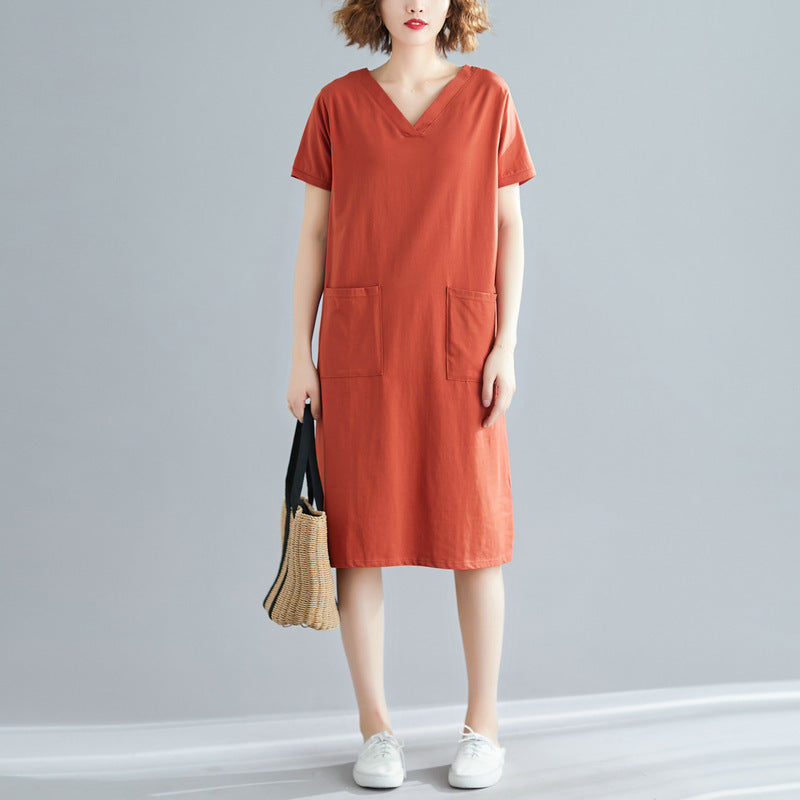 Plus Size Women's Summer Loose Korean Style Mid-Length Dress T Shirt and Skirt for Plus Size mm Solid Color V Collared Slimming Short Sleeve Dress