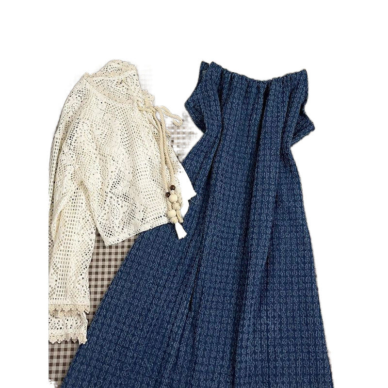 Sweet Style Irregular Denim Strap Dress Set for Women with Tassels a Long Skirt Thin Hollow Knit Cardigan