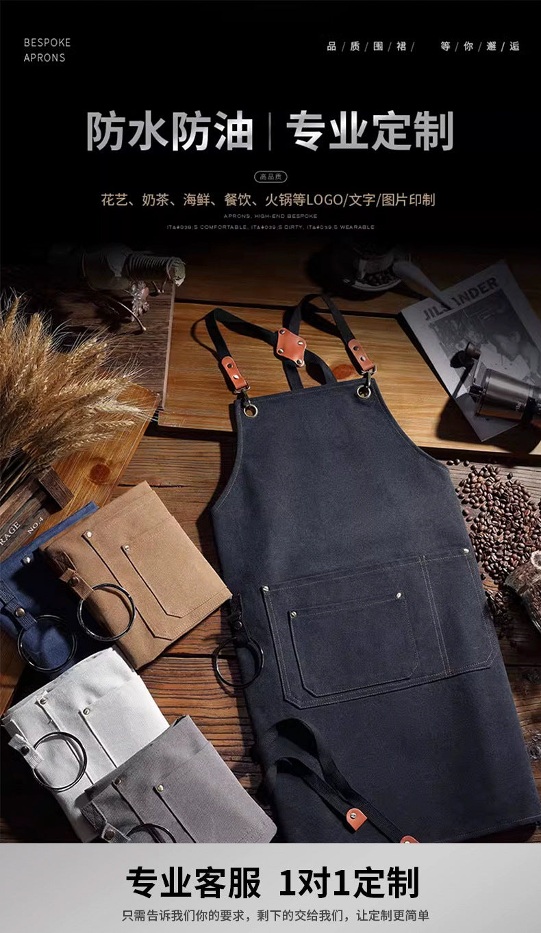 Factory Waterproof Canvas Apron Custom Printed Catering Kitchen Workwear Dirt-resistant Cross-border Advertising Foreign Trade Wholesale