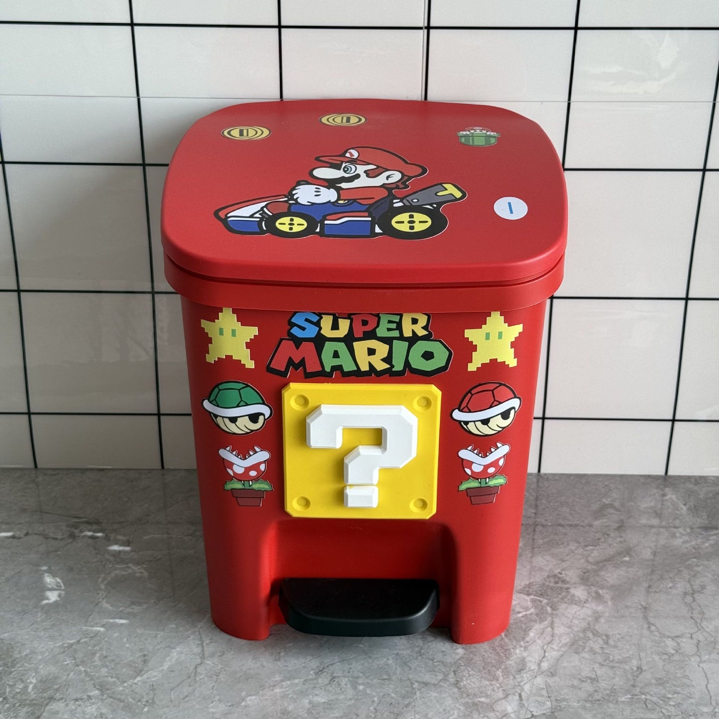 Mario Trash Can for Home Living Room Cute Cartoon Anime Large Capacity Personality Internet Celebrity Thickened Pedal Trash Basket