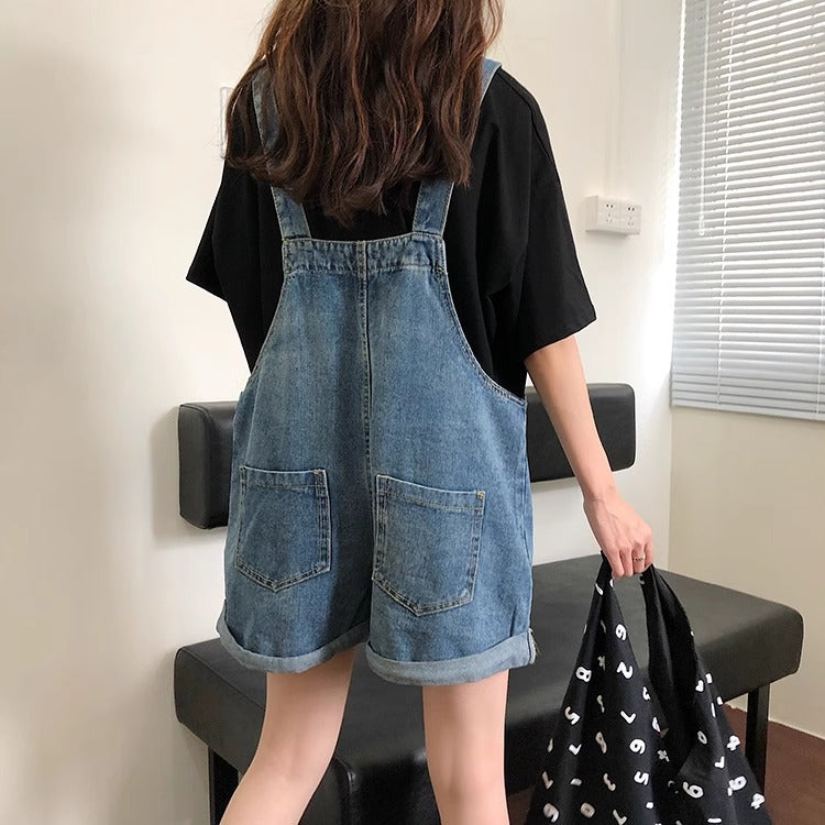 Women's Denim Overalls Summer Thin Loose Slimming Straight Strap Jumpsuit Denim Overalls Shorts