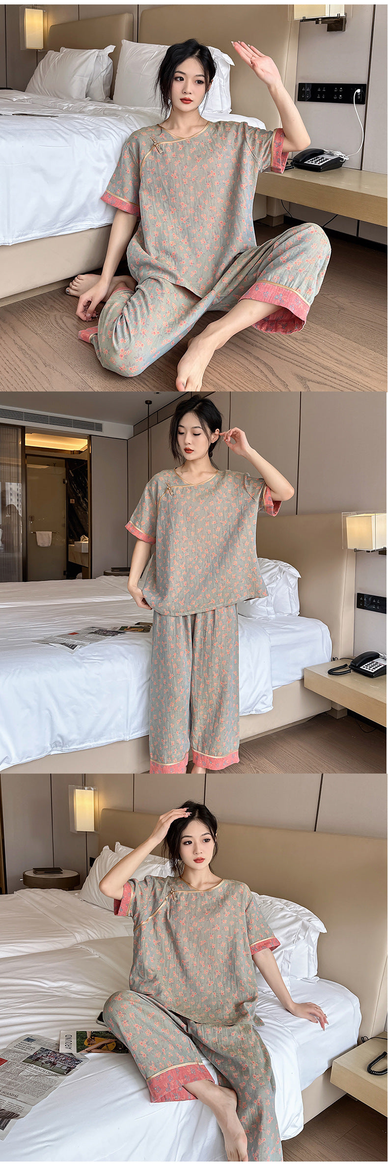 New Chinese Style Retro National Style Cotton Gauze Pajamas Plus Size for Women mm Summer Thin Loose Fit200Pure Cotton Homewear