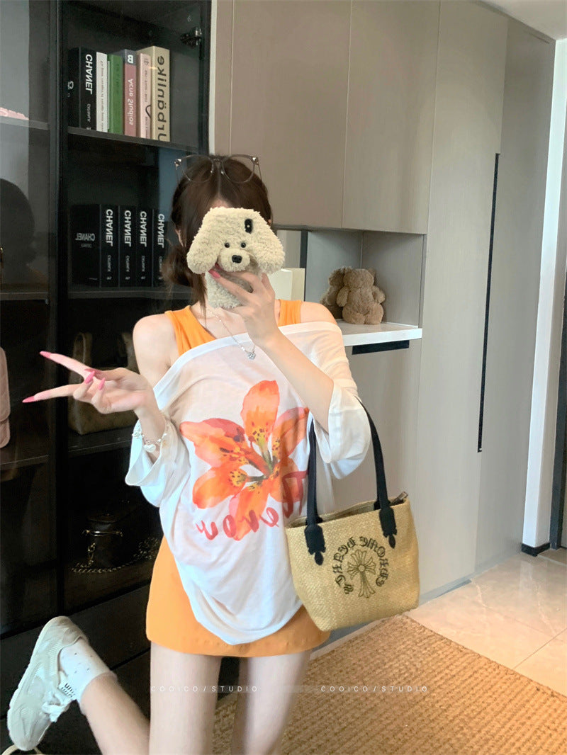 Korean style sweet floral letter print short sleeve T Women's Summer T-shirt2025New off-shoulder design casual top