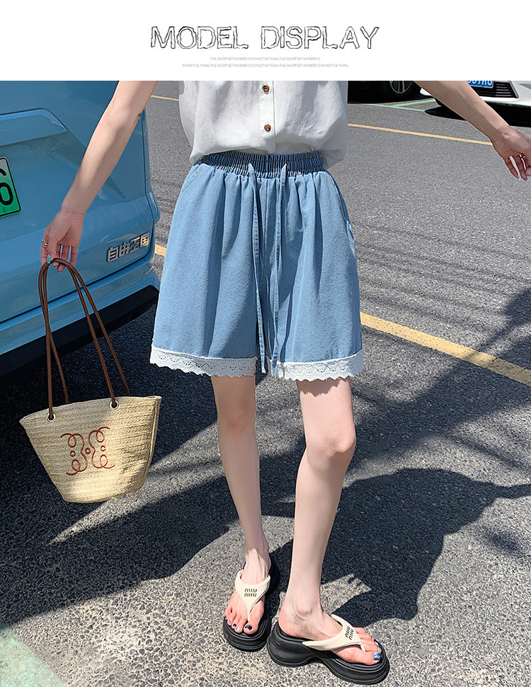 Japanese Style Wide-Leg Jeans for Women2025High Waist Lace Trim Casual Shorts Loose Straight Five-Point Shorts Trendy