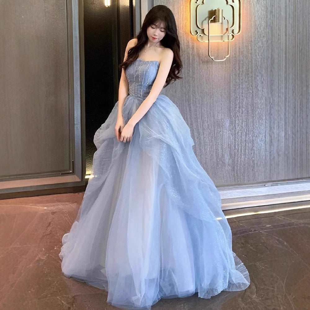 Blue Strapless Dress Puff Skirt Runaway Princess Fairy Dress Light Luxury High-end Evening Dress Host Slim Fit Elegant