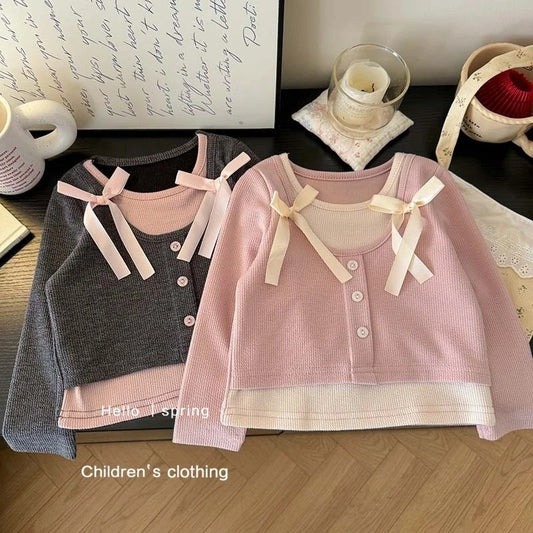 Sweet Little Girl's Sweet and Versatile Fake Two-Piece T Shirt Top25Spring New Korean Style Children's Fashionable Base Shirt